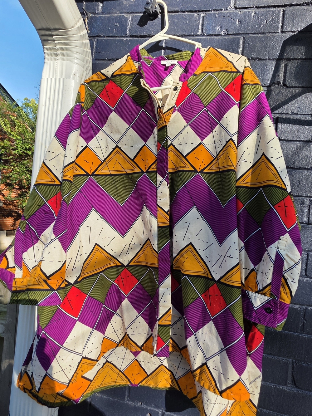 Zuri #Summit Vibrant Geometric Print Women's Shirt - Purple, Orange, Green 1X